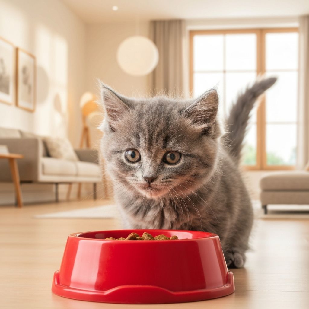 Süßes Kätzchen beim Fressen aus dem Napf