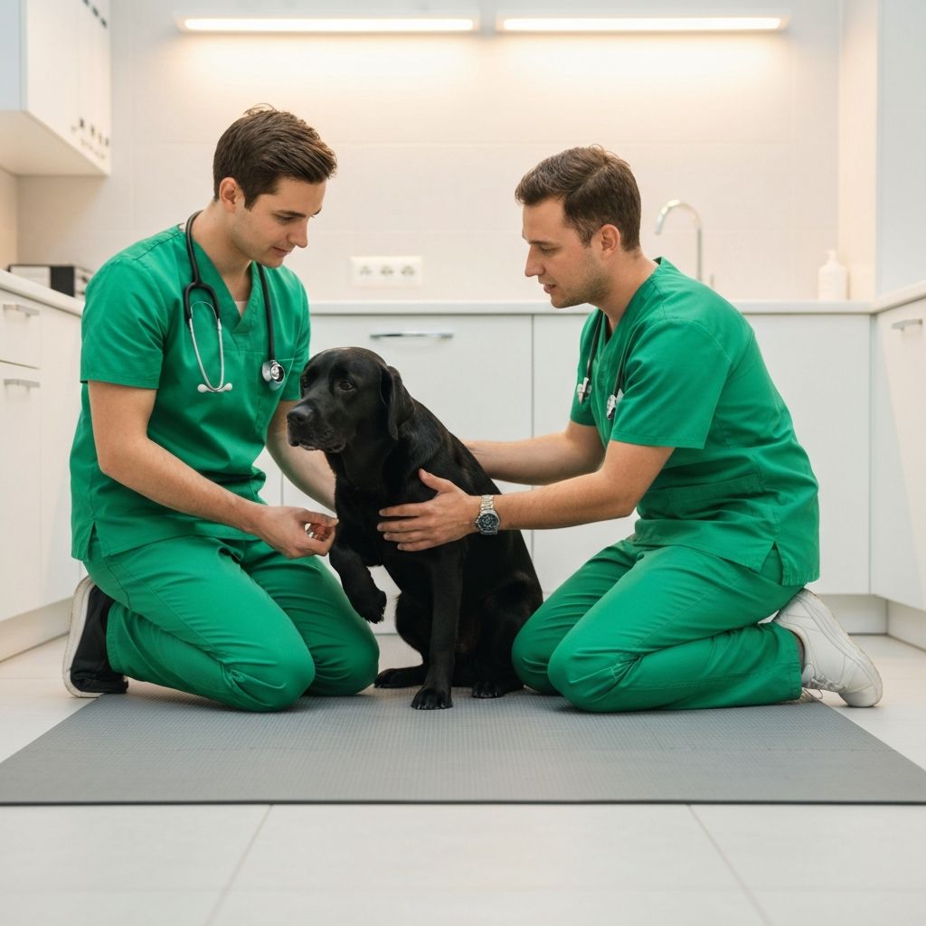Zwei Tierärzte untersuchen einen Hund orthopädisch